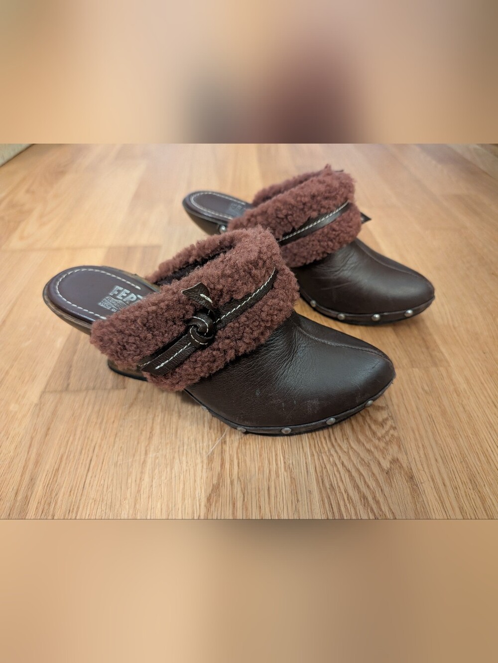 Salvatore Ferragamo Brown Leather/ Shearling Clog Mules